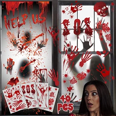 Image of Halloween Decorations Indoor Window Stickers, Zombie Posters Set Reusable Accessories, Scary Bloody Handprints Footprints Wall for Party
