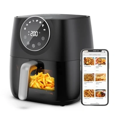Image of Air Fryer 5.7L, JOYAMI with Window, Online Recipes, 8 Cooking Functions for Fry, Bake, Roast, Broil &amp; More, Nonstick Basket Dishwasher Safe, 1700W, Black
