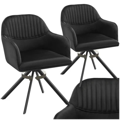 Image of TecTake® Set of 2 Velvet Dining Chairs with 360 Swivel Function, Thickly Padded Armchairs Stable Steel Legs, Non Slip Caps &amp; Quick Assembly Ideal Kitchen, Bedroom Desk Black/Black