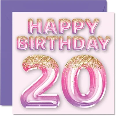 Image of 20th Birthday Card for Women Pink &amp; Purple Glitter Balloons Happy Cards 20 Year Old Woman Daughter Sister Auntie Cousin, 145mm x Twenty Twentieth Bday Greeting Gift