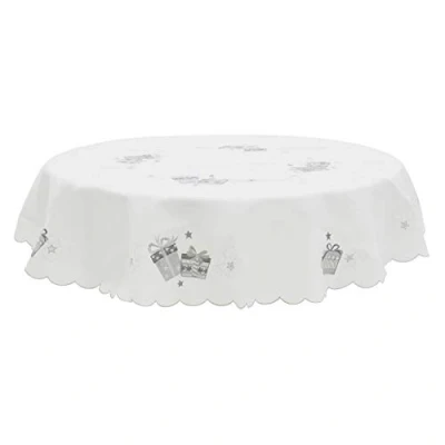 Image of Mr Crimbo Christmas Tablecloth White Polyester Fabric Silver Embroidered Presents 70&quot; Round