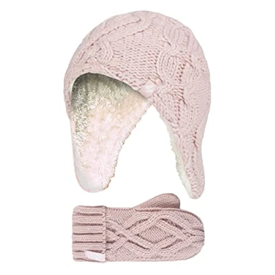 Image of HEAT HOLDERS Girls Majestic Soft Cosy Cable Knitted Design Bobble Trapper Hat and Mittens Gloves Set (3 6 Years, Dusky Pink)