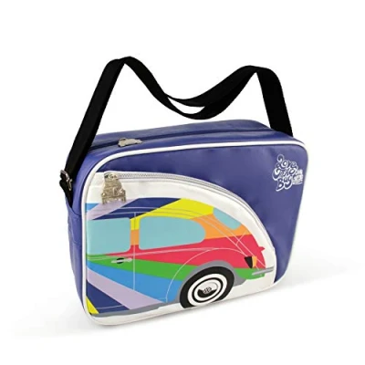 Image of BRISA VW Collection Volkswagen Shoulder Travel Messenger Bag with Beetle Bug Motif (Purple/Stripes)