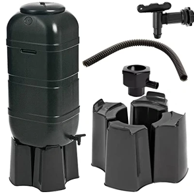 Image of 100L Black Slimline Space Saver Water Butt Kit Complete with Stand, Lid and Diverter Rain For Gardens &amp; Decking Areas