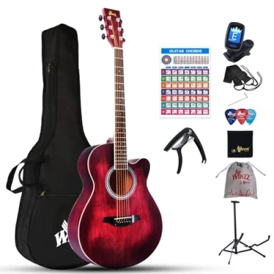 Image of Winzz 40 Inches Acoustic Steel string Guitar Beginner for Adults Students, Elegant Unique Color Design (Red)