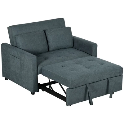 Image of HOMCOM 2 Seater Sofa Bed, Convertible Bed Settee, Modern Fabric Loveseat Couch with Cushions, Side Pockets for Living Room, Guest Charcoal Grey