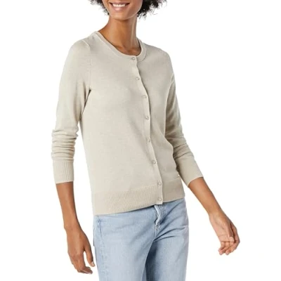 Image of Amazon Essentials Women&#039;s Lightweight Crewneck Cardigan Jumper (Available in Plus Size), Oatmeal Heather, S