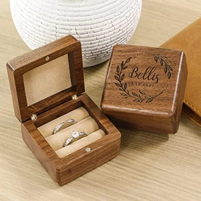 Image of Kenon Custom Wooden Wedding Ring Box, Double Engagement Walnut Storage Birthday Gifts For Women