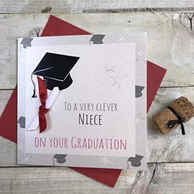 Image of WHITE COTTON CARDS To A VERY CLEVER NIECE ON YOUR GRADUATION, Handmade Graduation Card Code G15 N,White,16cm x 16cm