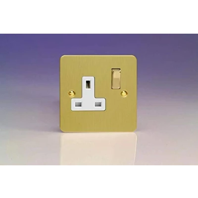 Image of XFB4DW Varilight Ultra Flat Plate Brushed Brass 1 Gang 13A Switched Plug Socket White Insert