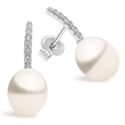 Image of Women Pearl Earrings Freshwater Cultured Pearls Drop Shape 8 to 9 mm by SECRET &amp; YOU Rhodium plated Sterling Silver 925.