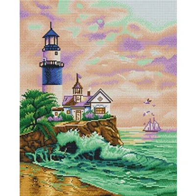 Image of Abillyn Embroidery Cross Stitch Kits Lighthouse by Sea Stamped with Printed Pattern Starter Kit (Lighthouse)