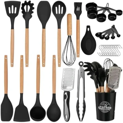 Image of Stylish 34 Piece Silicone Kitchen Utensil Set with Holder to Elevate Your Culinary Experience. Heat Resistant Wooden Handles. Safe for Non Stick Cookwear. Dishwasher Safe.