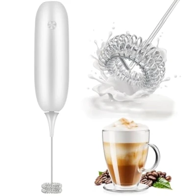 Image of Milk Frother Handheld Whisk Battery Powered Drink Mixer, Foamer &amp; Mini Mixer Coffee Whisk, Electric Portable for Latte, Cappuccino, Hot Chocolate White