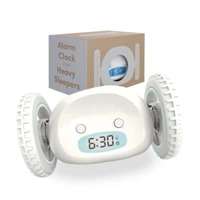 Image of CLOCKY Alarm Clock on Wheels (Authentic) Extra Loud for Heavy Sleeper (Adult or Kid Bed Room Robot Clockie) Funny, Rolling, Run away, Moving, Jumping (White)