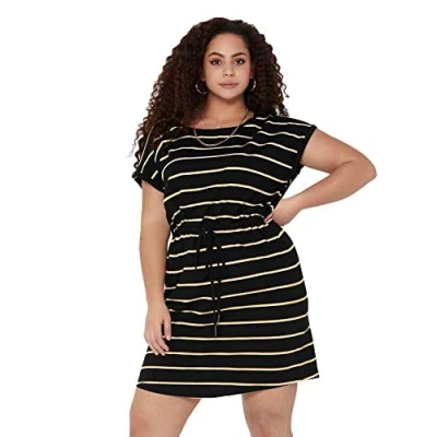 Image of ONLY CARMAKOMA Women&#039;s Carapril SS Knee Dress JRS Noos, Black/Stripes: Yellow and White Stripes, 20/22