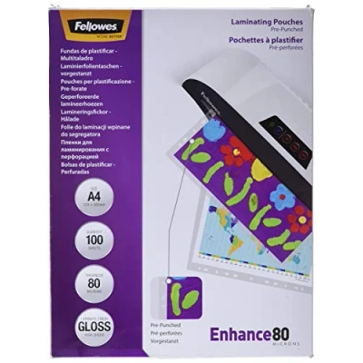 Image of Fellowes A4 Laminating Pouches, Gloss Finish, 100 Sheets, 160 Micron (2 x 80 Micron) High Quality Ideal for Photos and Notices