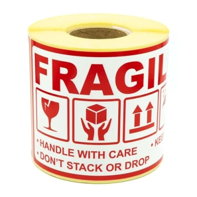 Image of MD Labels Warning on Roll 90 x 150 mm Fragile Handle with Care Keep Dry Don&#039;t Stack or Drop This Way Up Self Adhesive Paper Shipping (300)