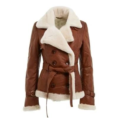 Image of Women’s Tan Double Breasted Real Shearling Sheepskin Leather Pea Coat S