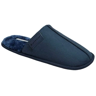 Image of DUNLOP Mens Mule Slippers Soft Faux Suede Fasux Fur Textile Comfy Cosy Slip On Warm Lining Outdoor Sole UK 7 12 (UK, Count Navy, 8)