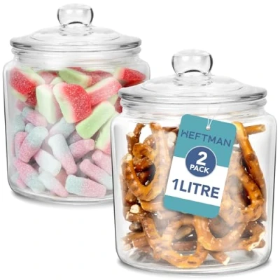 Image of HEFTMAN Glass Jar with Lid 2 x 1 Litre Clear, Empty Sweet Jars Airtight Push Top Sturdy Apothecary for Sweets, Coffee, Sugar, Laundry Pods Storage Container (2 Pack)