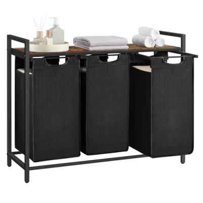 Image of VASAGLE Laundry Basket, 3 Compartment Hamper, Pull Out and Removable Bags, Sorter, Shelf, Metal Frame, x 38L, 92.5 33 72 cm, Rustic Brown Black BLH301B01