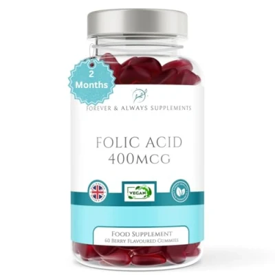Image of Folic Acid 400μg Gummy Daily Pregnancy Supplement 60 Natural Berry Flavour Gummies to Support Prenatal Health, &amp; Foetus Development Vitamins for Women 400 mcg