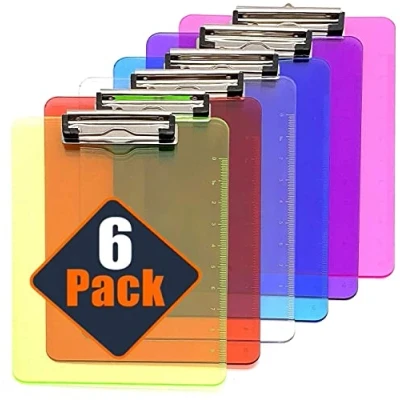 Image of KAHEIGN 6Pcs A4 Transparent Plastic Clipboard, 6 Coloured Clipboard Paper Holder Writing Board with Low Profile Clip and Ruler Scale Edge for Memo Form Document (31.5 x 22.5cm)