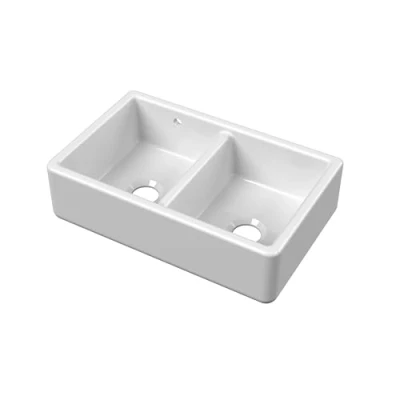 Image of Fireclay Traditional Double Bowl Butler Kitchen Sink with Stepped Weir and Overflow 795mm Balterley