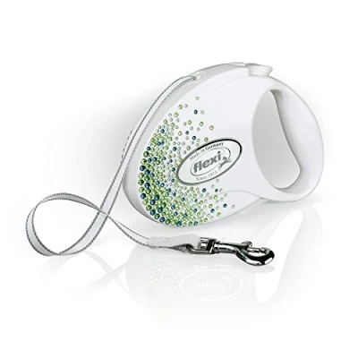 Image of Flexi Glam Splash Leaf Tape Pearl White Medium 5m Retractable Dog Leash/Lead for dogs up to 25kgs/55lbs