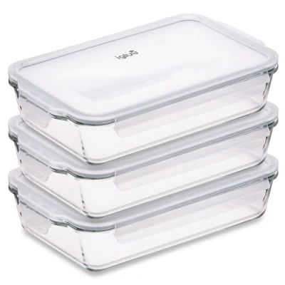 Image of Igluu Meal Prep Glass Lasagne Dish with Airtight Snap Lock Lid Large Rectangular Oven safe Baking BPA Free, Microwavable, Freezer and Dishwasher Ovenware 2.2L (Cook n Freeze) Set of 3