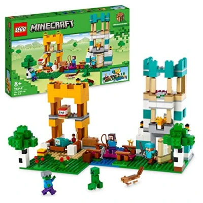 Image of LEGO 21249 Minecraft The Crafting Box 4.0, 2in1 Playset; Build River Towers or Cat Cottage, with Alex, Steve, Creeper and Zombie Mobs Figures, Action Toys for Kids, Boys, Girls
