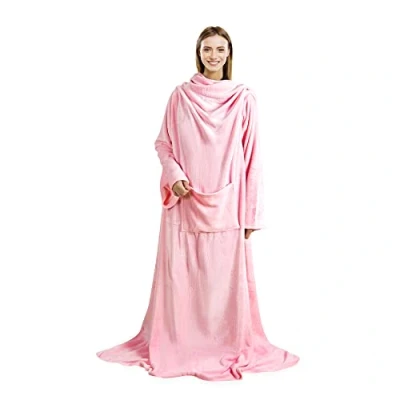 Image of ASAB Wearable Blanket With Sleeves Cosy Fleece Hooded Pocket Ultra Soft Plush Snuggle For Men And Women Extra Long Warm Throw One Size Fits All 185 x 130 cm (Pink)