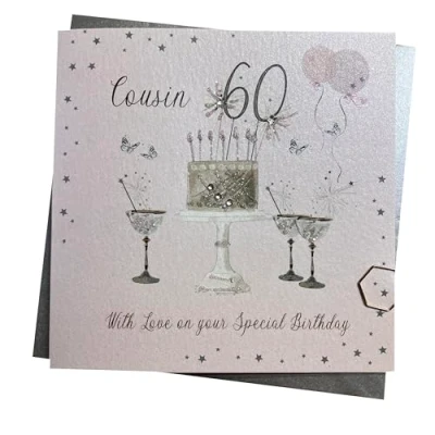 Image of WHITE COTTON CARDS Happy 60th Birthday Card Cousin Sparkly Cake &amp; Glasses Pink SS42 C60