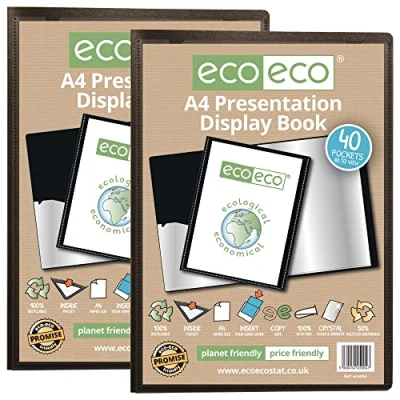 Image of eco A4 Size 50% Recycled 40 Pocket Black Presentation Display Book, Storage Case Portfolio Art Folder with Plastic Sleeves, (Pack of 2), eco004x2