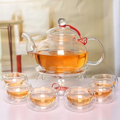 Image of Beddingleer Glass Teapot 600 ml Tea Maker + 6 Cups Warmer with Filter and Lid Made Borosilicate