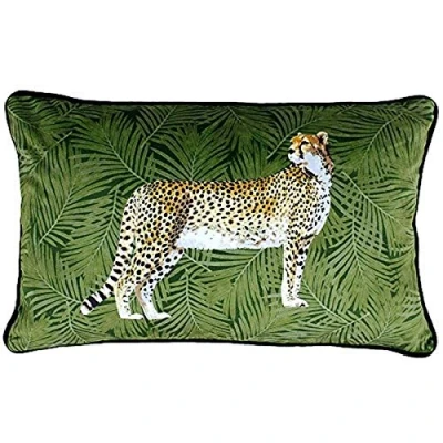 Image of Riva Paoletti Cheetah Forest Filled Cushion Palm Leaf Design Velvet Feel Fabric Piped Edges Machine Washable 100 Case (12&quot; x 20&quot; inches), Polyester, Green, 30 50cm