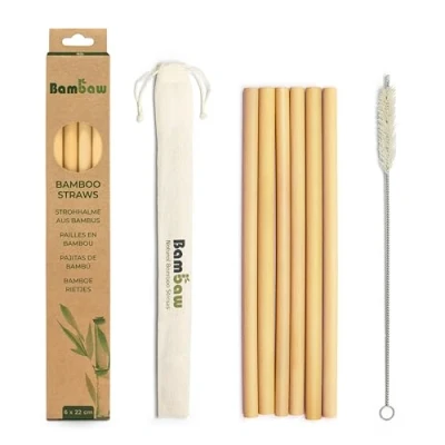 Image of Bambaw Reusable Bamboo Drinking Straws, Straw, Strong &amp; Durable, Cocktail Biodegradable Eco Friendly BPA Free, Dishwasher Safe, Pack of 6 Straws 22 cm