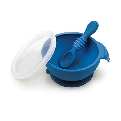 Image of Bumkins First Feeding Set Bowl With Suction Base, Lid, Spoon, Baby Led Weaning, BPA Free, Microwave/Dishwasher/Freezer Safe, 100% Silicone, Deep Blue