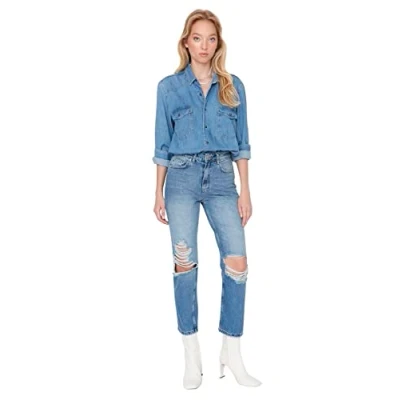 Image of Trendyol Women High Waist Straight Leg Jeans Blue