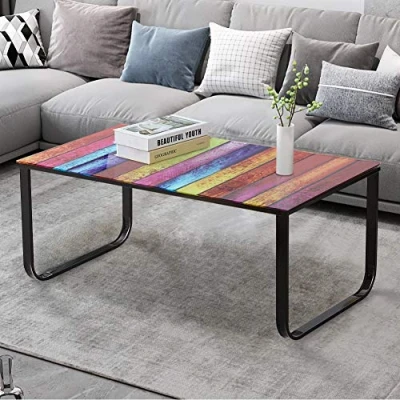 Image of TUKAILAi Rainbow Glass Coffee Table Rectangle with Tempered Top Metal Frame End Side for Living Room Home Office