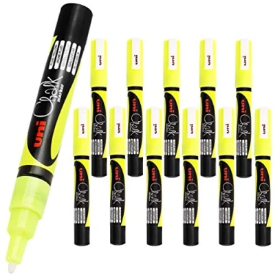 Image of 12 x Uni Ball Wet Erase Liquid Chalk Marker Pens For Glass (Windows &amp; Mirrors), Whiteboards, Signs And Non Porous Blackboards (0.9 1.3mm Bullet Tip) FLUORESCENT YELLOW
