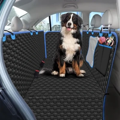 Image of Fur &amp; Bone Dog Car Seat Cover Scratchproof Protector Waterproof Backseat for Cars Nonslip Accessories with Mesh Window Universal Fit Cars, Trucks, SUVs Black Blue