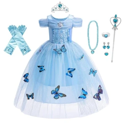 Image of Lito Angels Blue Princess Cinderella Costume Birthday Party Fancy Dress Up with Accessories and Butterfly for Kids Girls Age 4 Years (Tag Number 100)