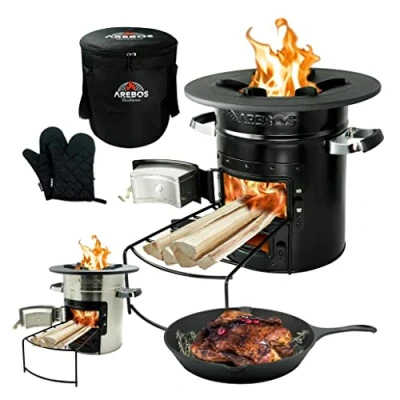 Image of Arebos Rocket Stove with Cast Iron Grill Pan Carry Bag &amp; Gloves Dutch Oven BBQ Portable Camping Wood Outdoor Kitchen Black
