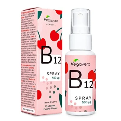 Image of Vegavero Vitamin B12 Spray Vegan Methylcobalamin 120 Days Natural Cherry Flavour 500 µg per Liquid Travel Size