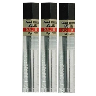Image of Pentel 0.5mm Size B Shade Hardness Pencil Refill Replacement Spare Leads Hi Pollymer Super For Automatic &amp; Mechanical Pencils (Pack Of 3 Tubes 36 Pieces)