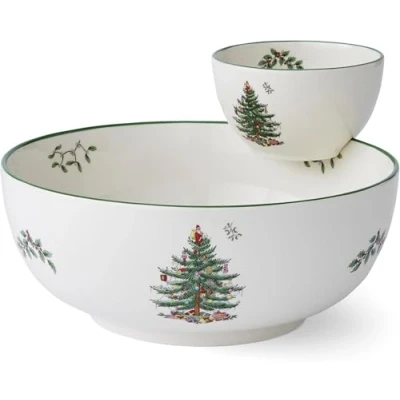 Image of Spode Christmas Tree Tiered Chip and Dip Serving Set Festive 2 Piece for Holiday Entertaining Snacks Iconic Motif Porcelain Dishwasher/Microwave/Freezer Safe