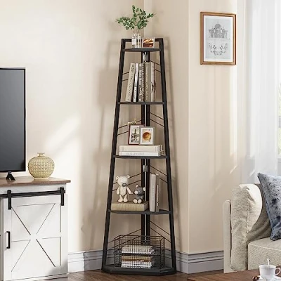 Image of YITAHOME Corner shelf 5 Tier, Industrial Bookshelf Modern Floorstanding Bookcase Ladder Wooden Open Display Shelving Unit for Living Room, Hallway, Home Office, Black Book