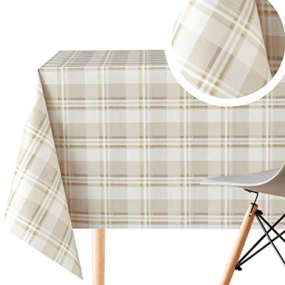 Image of KP HOME PVC Wipe Clean Table Cloth Rectangular 250x140 cm / 98x55 in Wipeable Tablecloth up to 8 Seats Gingham Tartan Plaid Waterproof Plastic Kitchen Vinyl Oilcloth Light Cream Beige